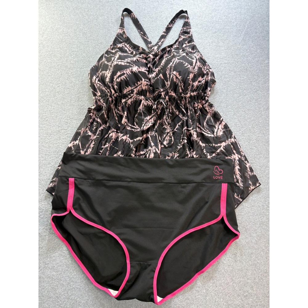 Fashion Pink Black Palm Print Tankini Swimsuit Set 24W 6XL Handkerchief Hem